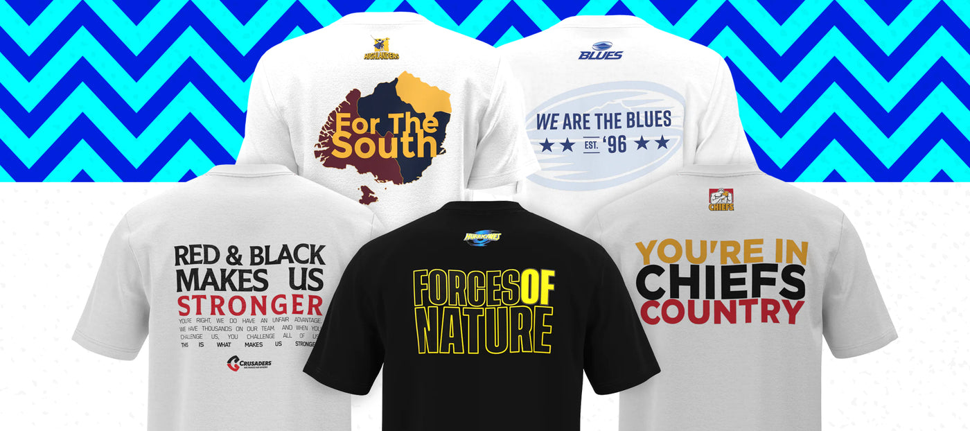 Be the ultimate supporter with the latest release New Zealand Super Rugby slogan t-shirts. Rep your team in style with these bold graphic supporter tees!